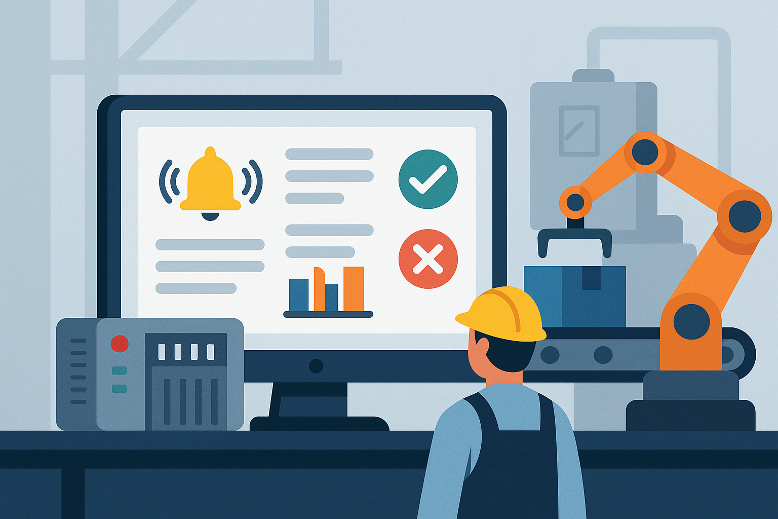 Industrial automation dashboard with alert logic and robotic equipment